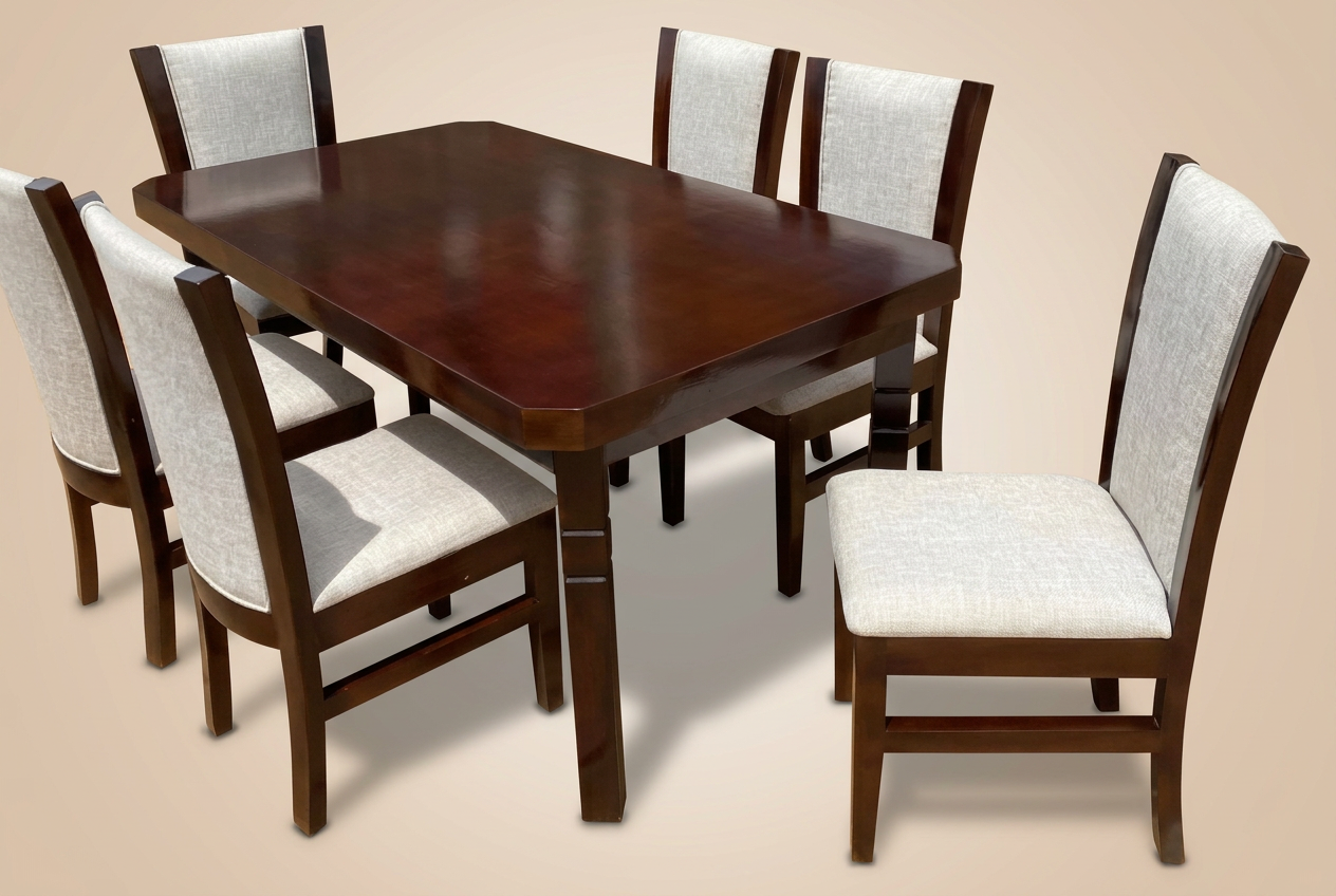 Mahogany rectangular table with six high-back ivory linen chairs