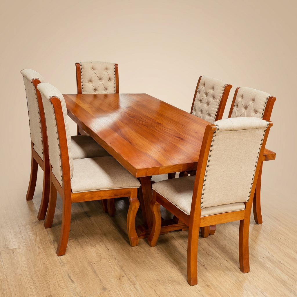 Polished cherrywood trestle table with tufted cream nailhead chairs
