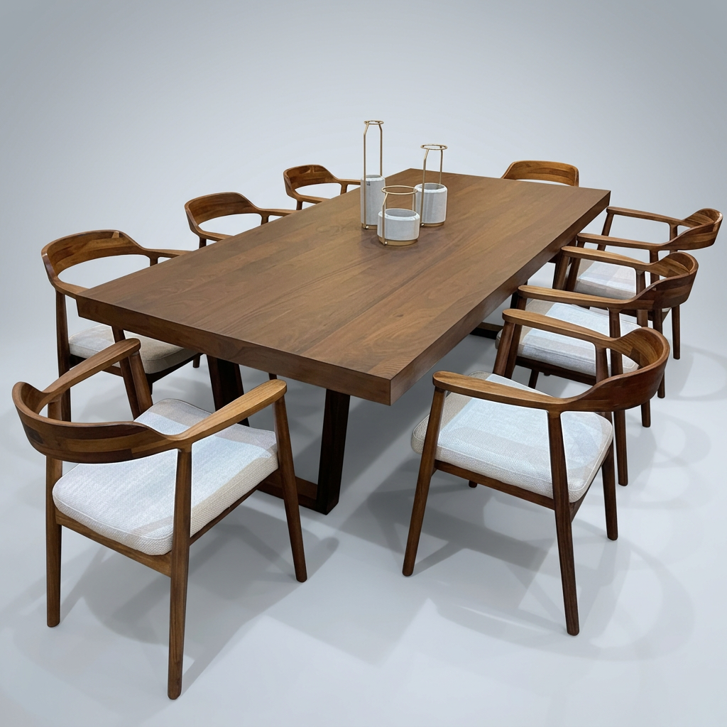 Solid walnut plank table with eight curved armchairs in ivory linen