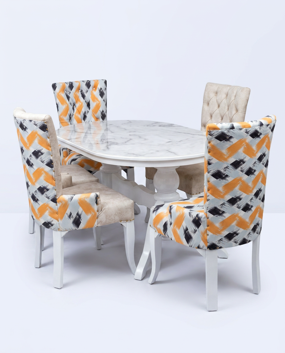 White Marble Pedestal & Print Chairs