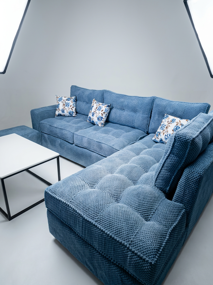 Denim blue tufted L-shape sectional with floral accent cushions