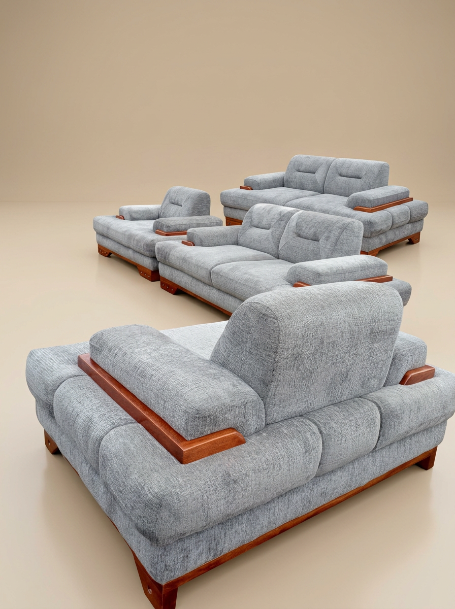 Grey chenille 3-2-1 lounge set with mahogany wooden armrests