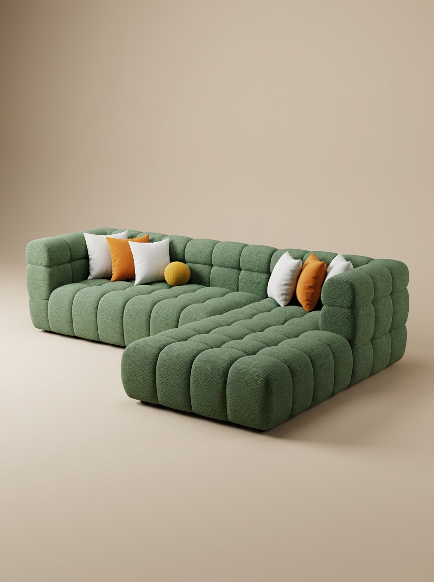 Sage green bubble tufted L-shape sectional with orange accent pillows