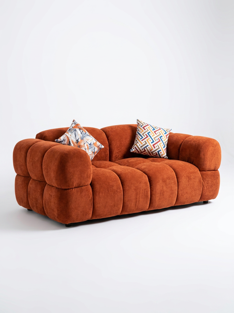 Burnt orange puffy 2-seater loveseat with patterned pillows