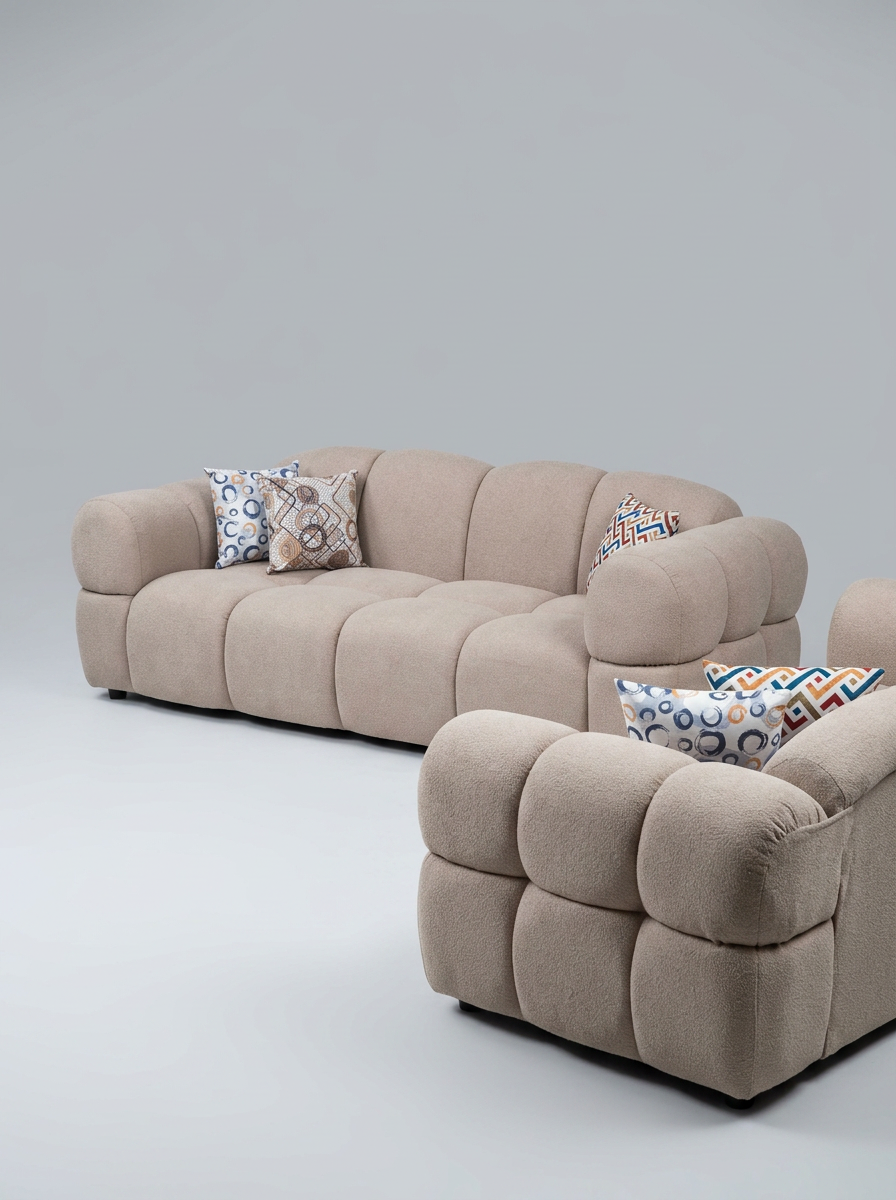 Beige bouclé pebble sofa and matching armchair set