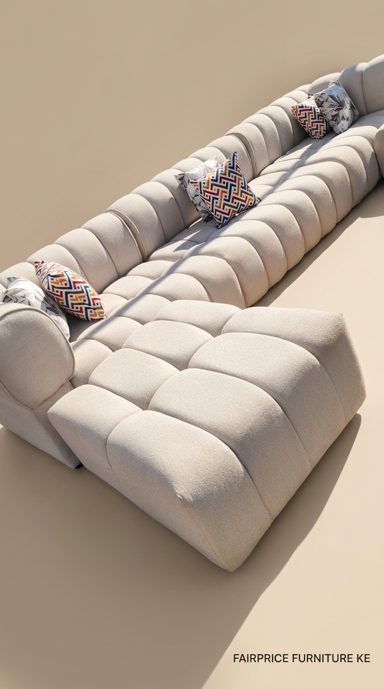 Ivory channel-tufted extended modular lounge sofa