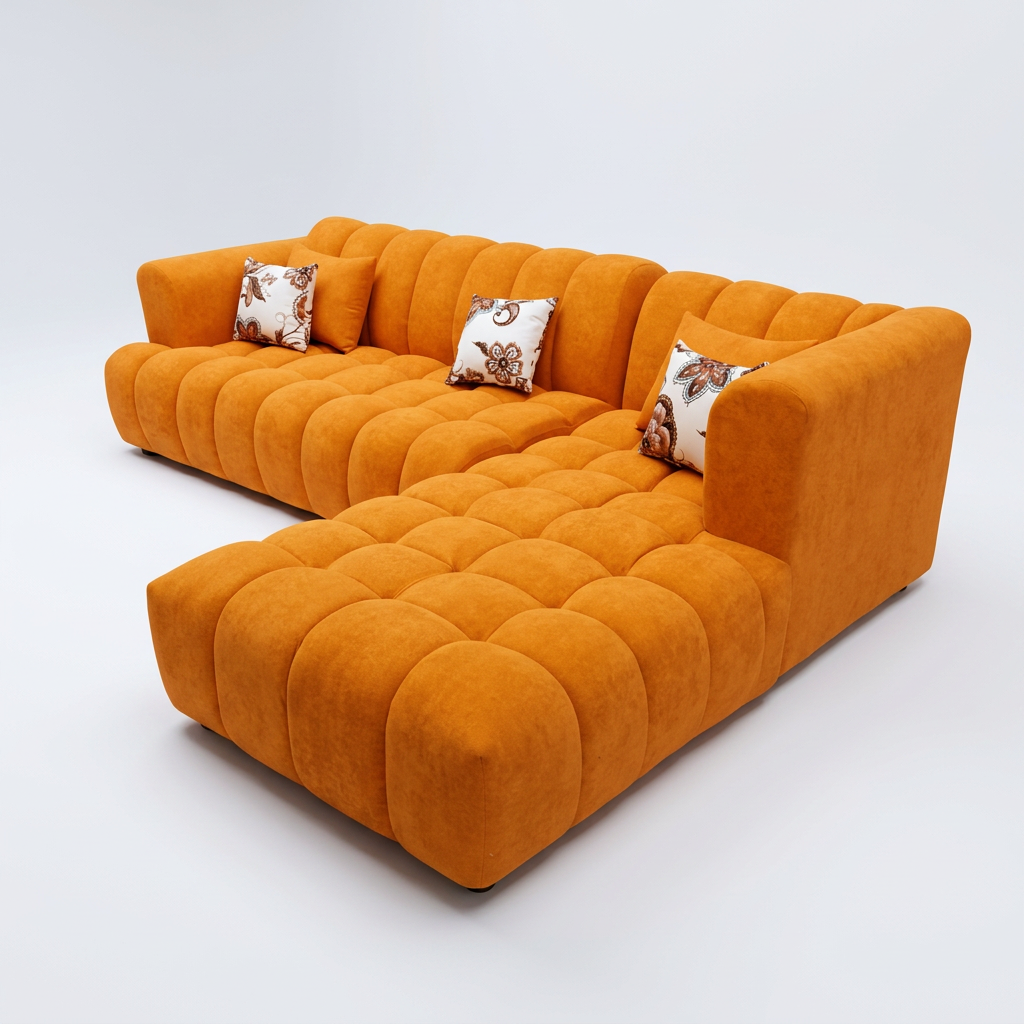 Bright orange bubble tufted L-shape sectional with floral pillows