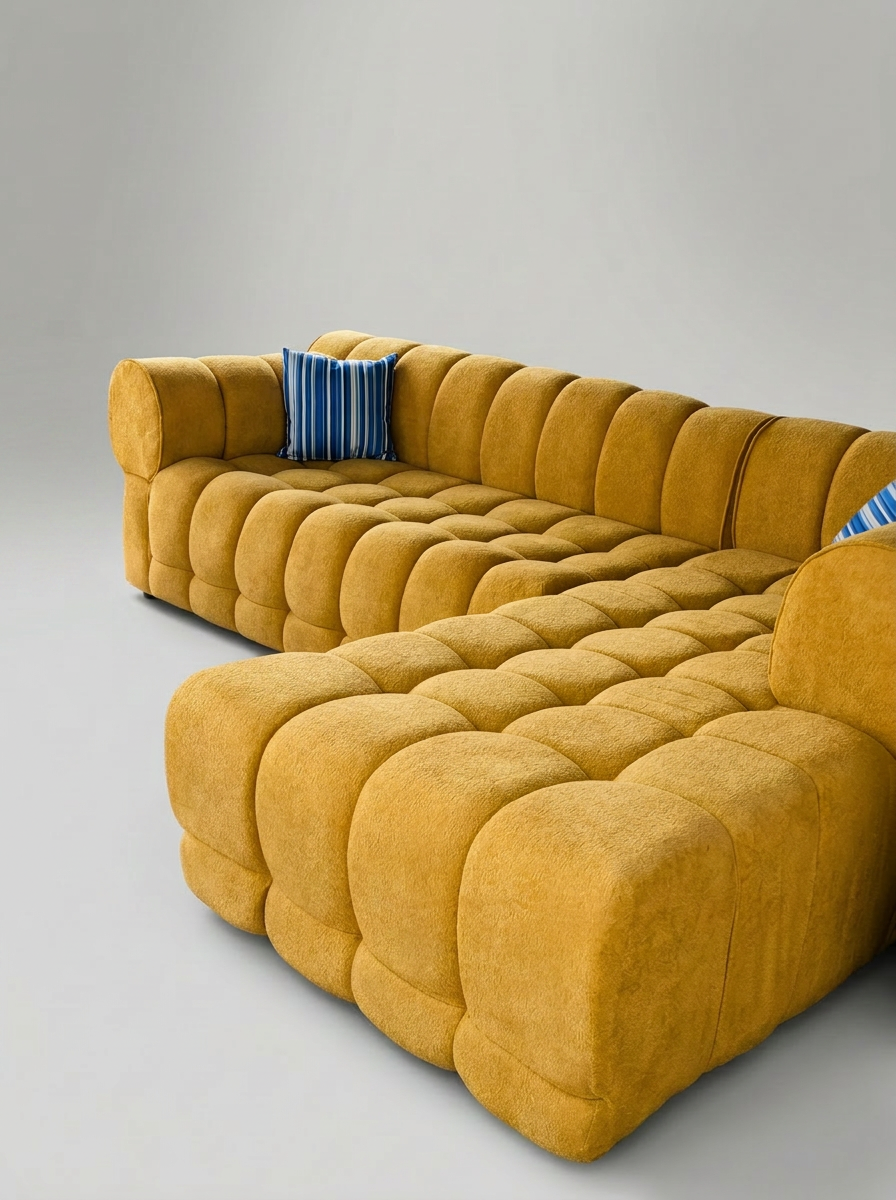 Mustard yellow deep tufted modular sectional with striped pillow
