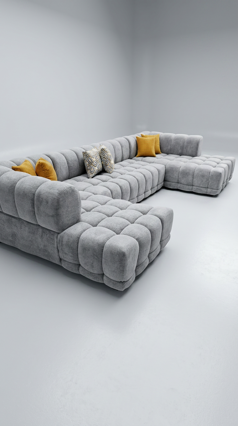 Grey bubble tufted U-shape sectional with mustard pillows