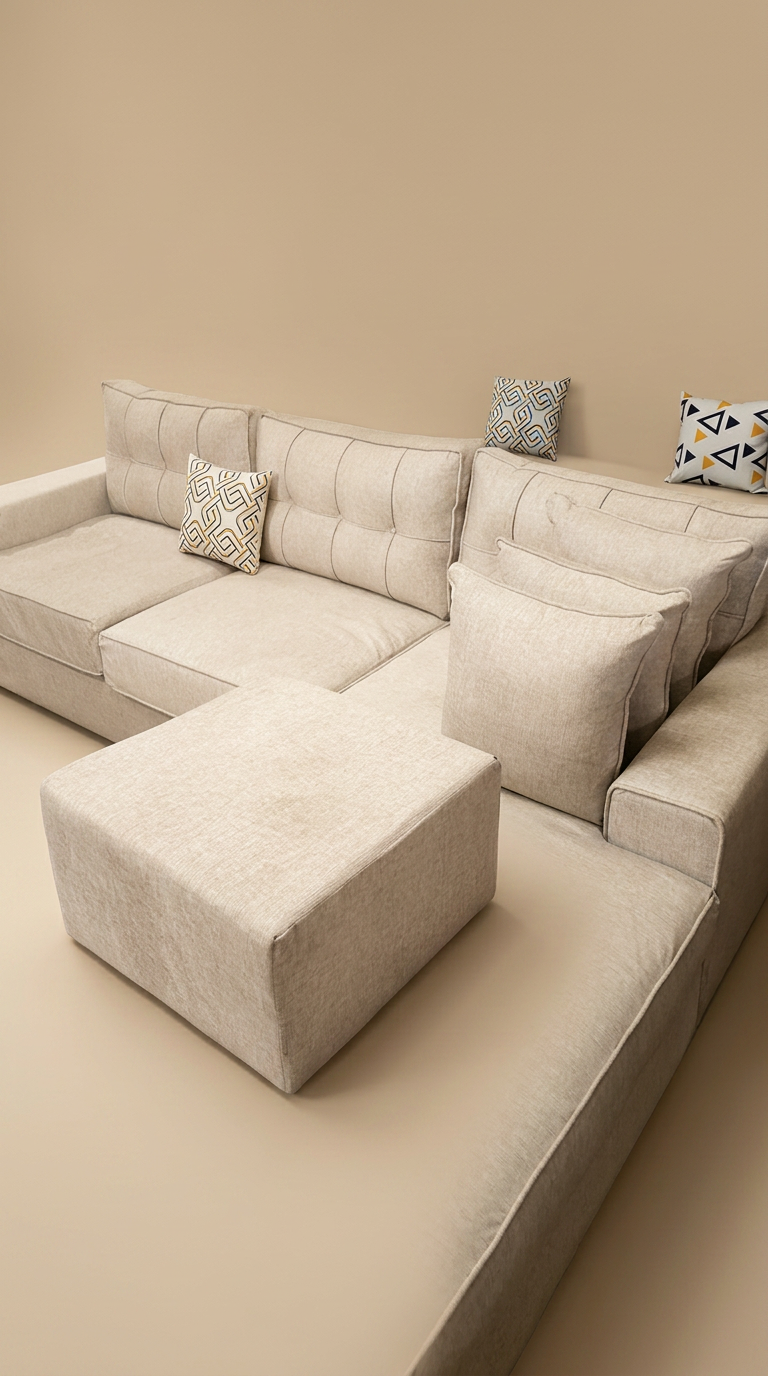 Beige modular tufted sectional with matching ottoman and patterned pillows