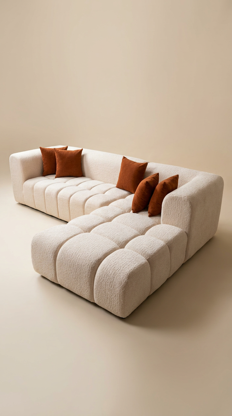 Cream channel tufted L-sectional with rust velvet pillows