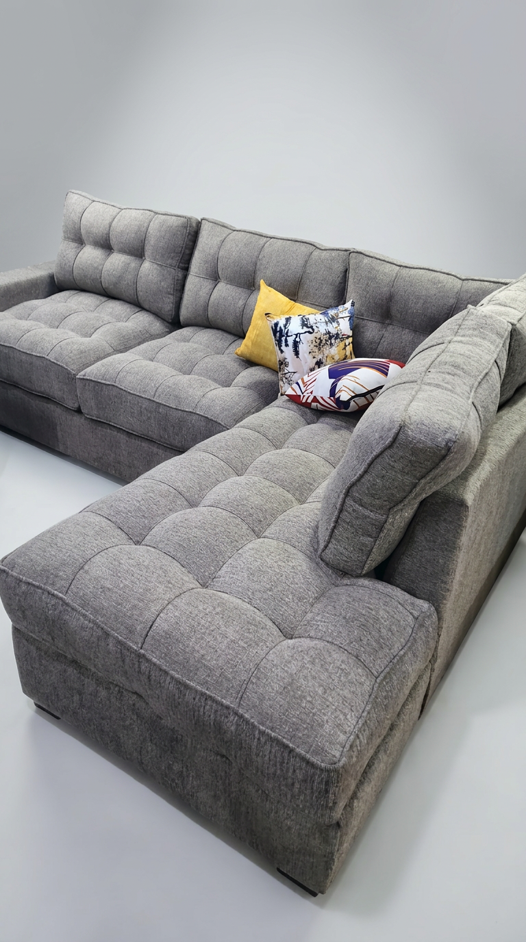 Grey tufted L-sectional with abstract and yellow pillows
