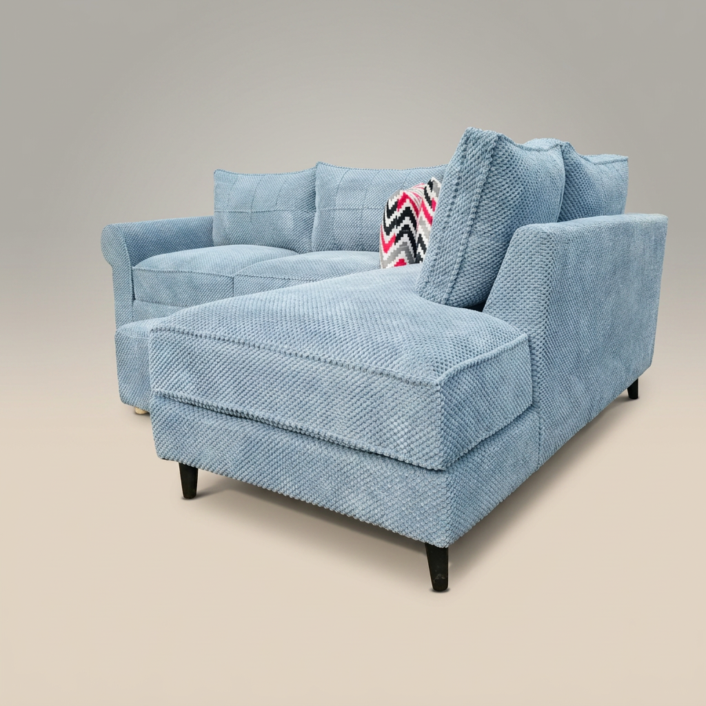Powder blue chevron weave chaise sofa with chevron accent pillow