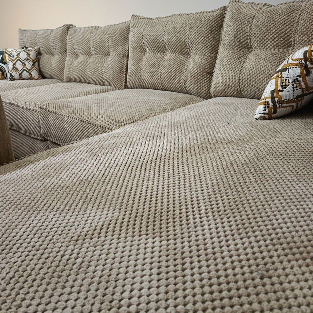 Beige knitted popcorn weave deep sectional with patterned pillows
