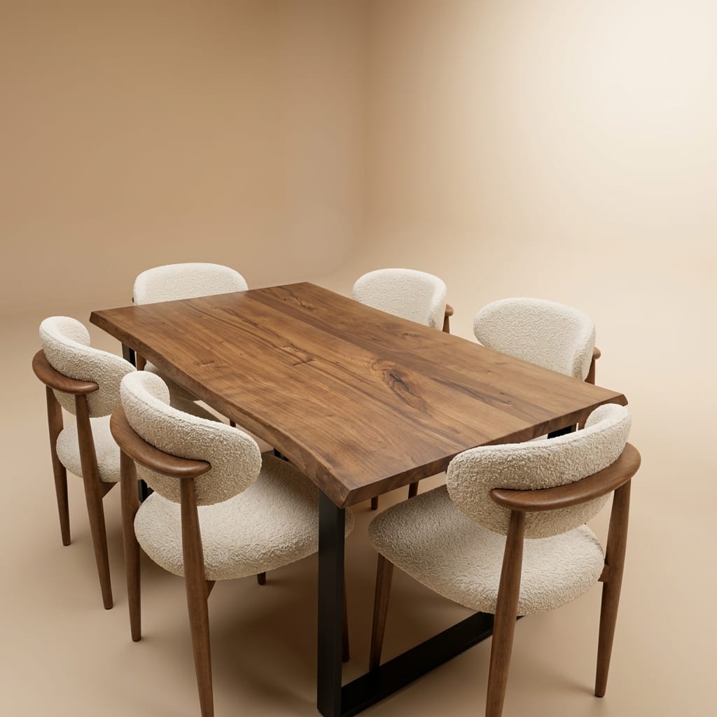 Walnut live-edge dining table with six bouclé barrel chairs