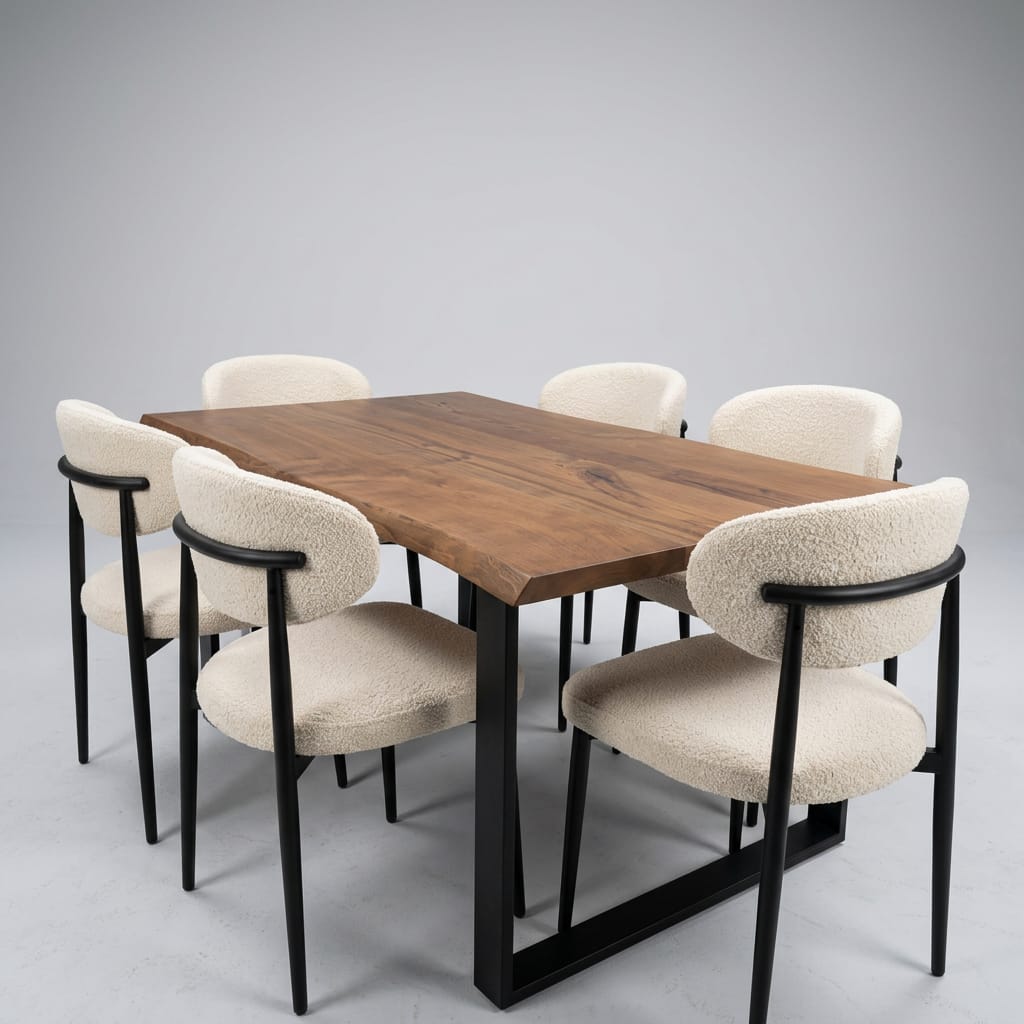 Walnut live-edge dining table with six bouclé and black-frame chairs