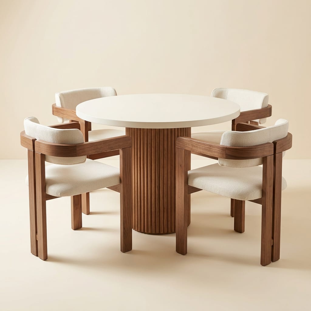 Round cream pedestal dining table with four walnut bouclé armchairs