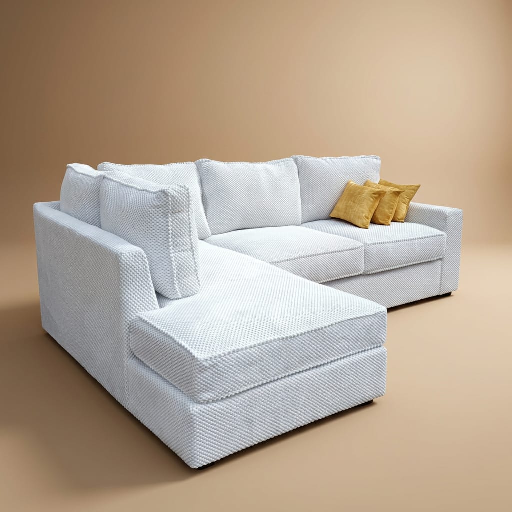 White textured chenille L-shape sectional with mustard yellow accent pillows
