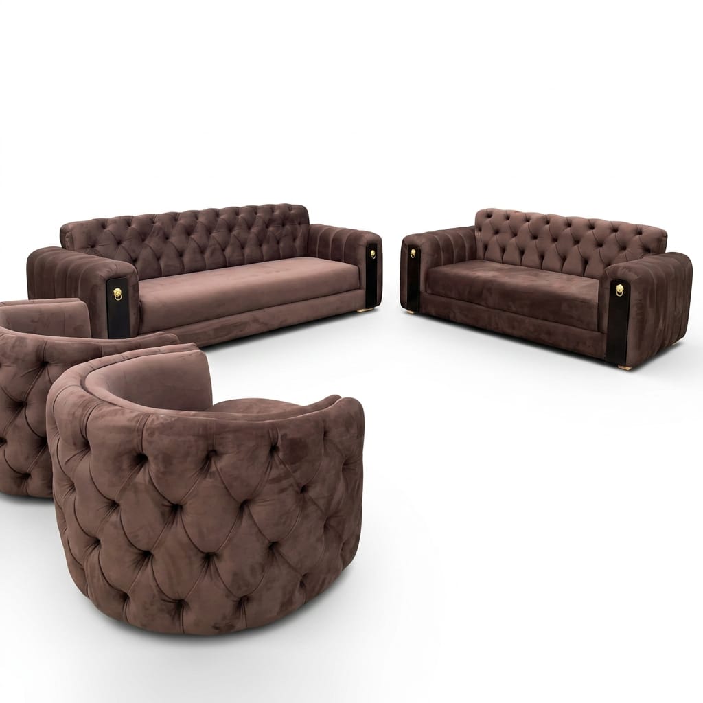 Brown velvet tufted Chesterfield 7-piece sofa set with brass details