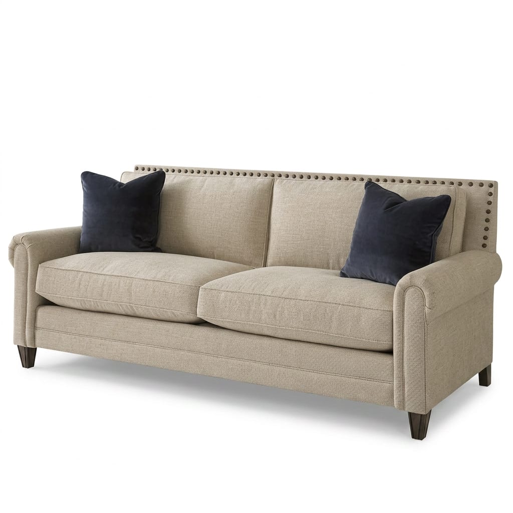 Beige linen 3-seater sofa with brass nailhead trim and navy velvet pillows
