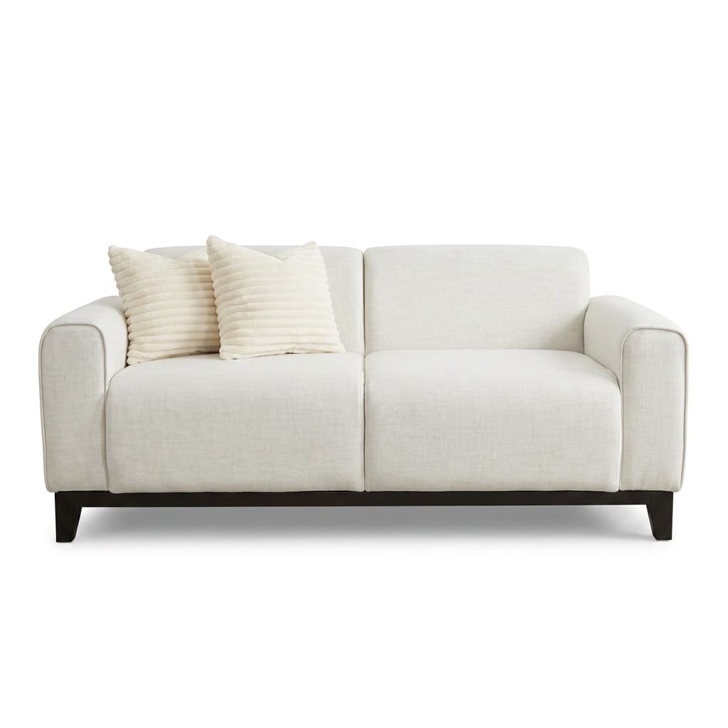 Ivory linen 2-seater modern loveseat on dark wood plinth