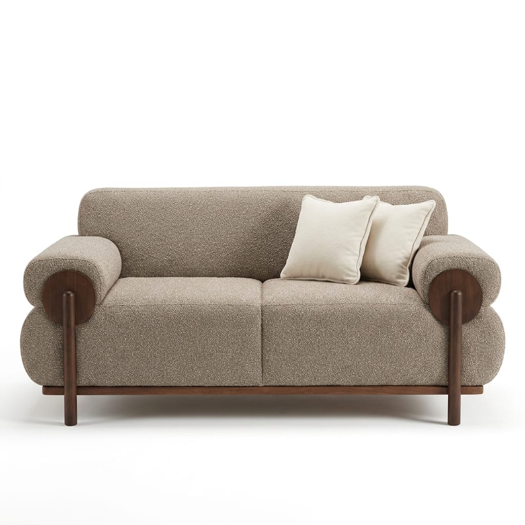 Taupe bouclé 2-seater sofa with rounded arms and walnut wood post supports