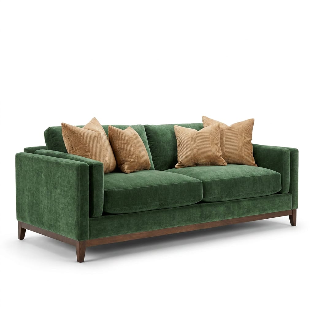 Emerald green velvet 3-seater sofa with tan corduroy accent pillows on walnut base