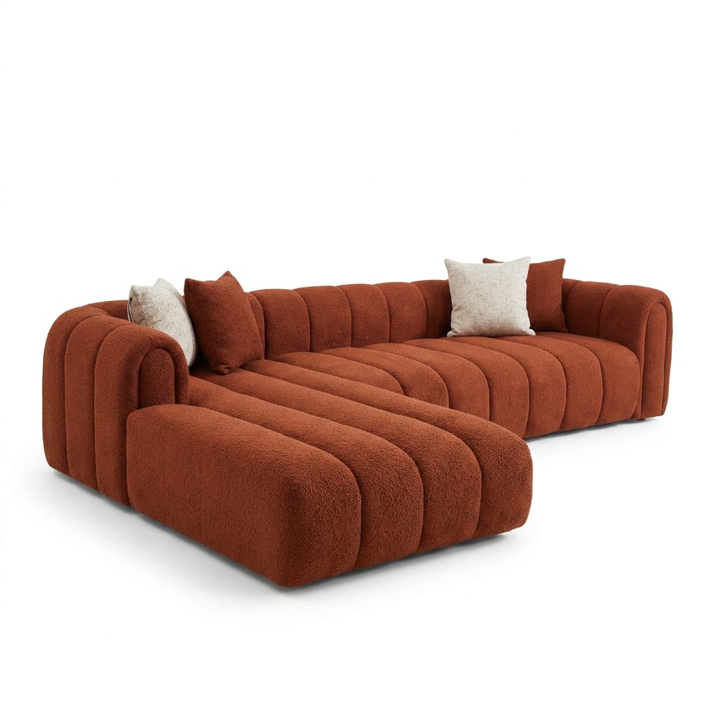 Rust terracotta bouclé channel-tufted L-shape sectional with chaise