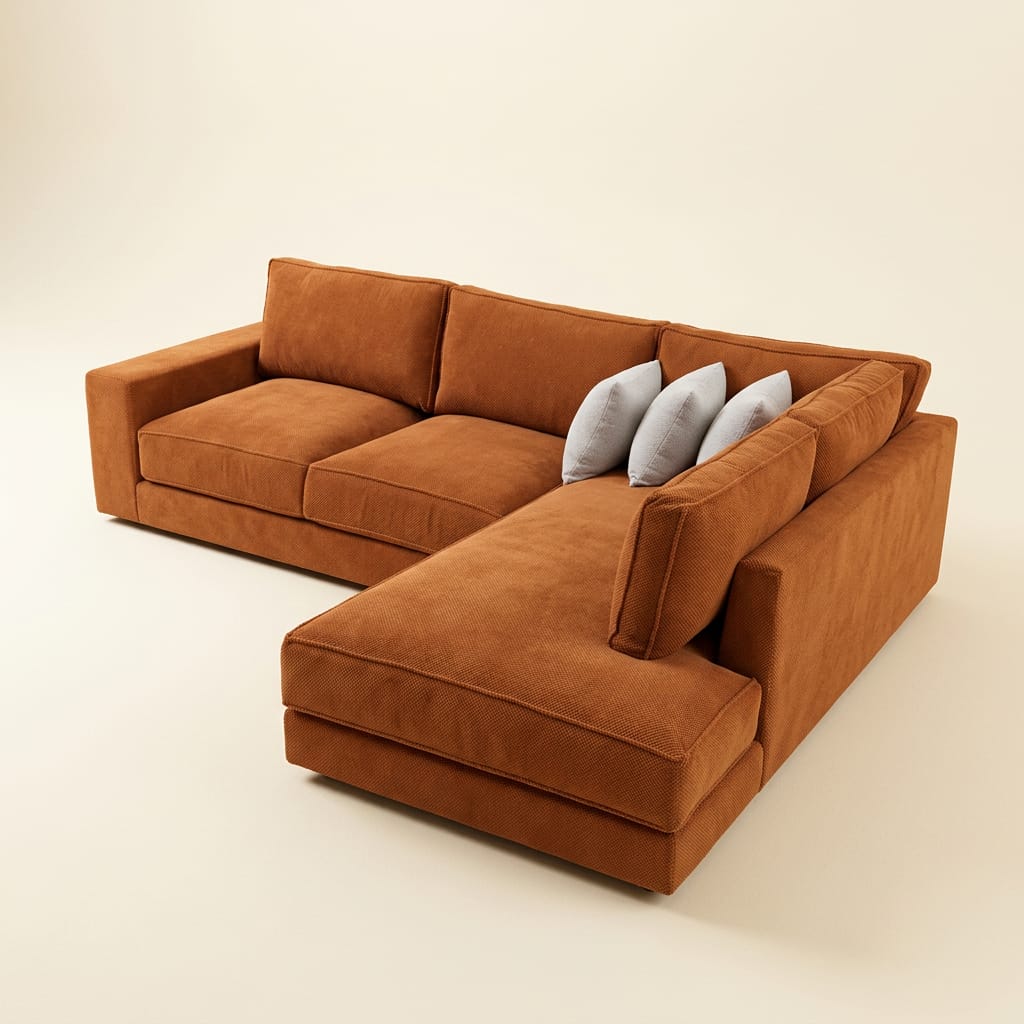 Large terracotta L-shaped sectional with deep cushions and grey accent pillows