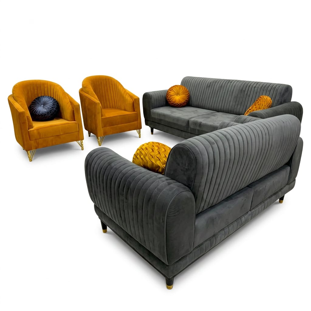 Slate grey channel velvet sofa set paired with mustard tub accent chairs