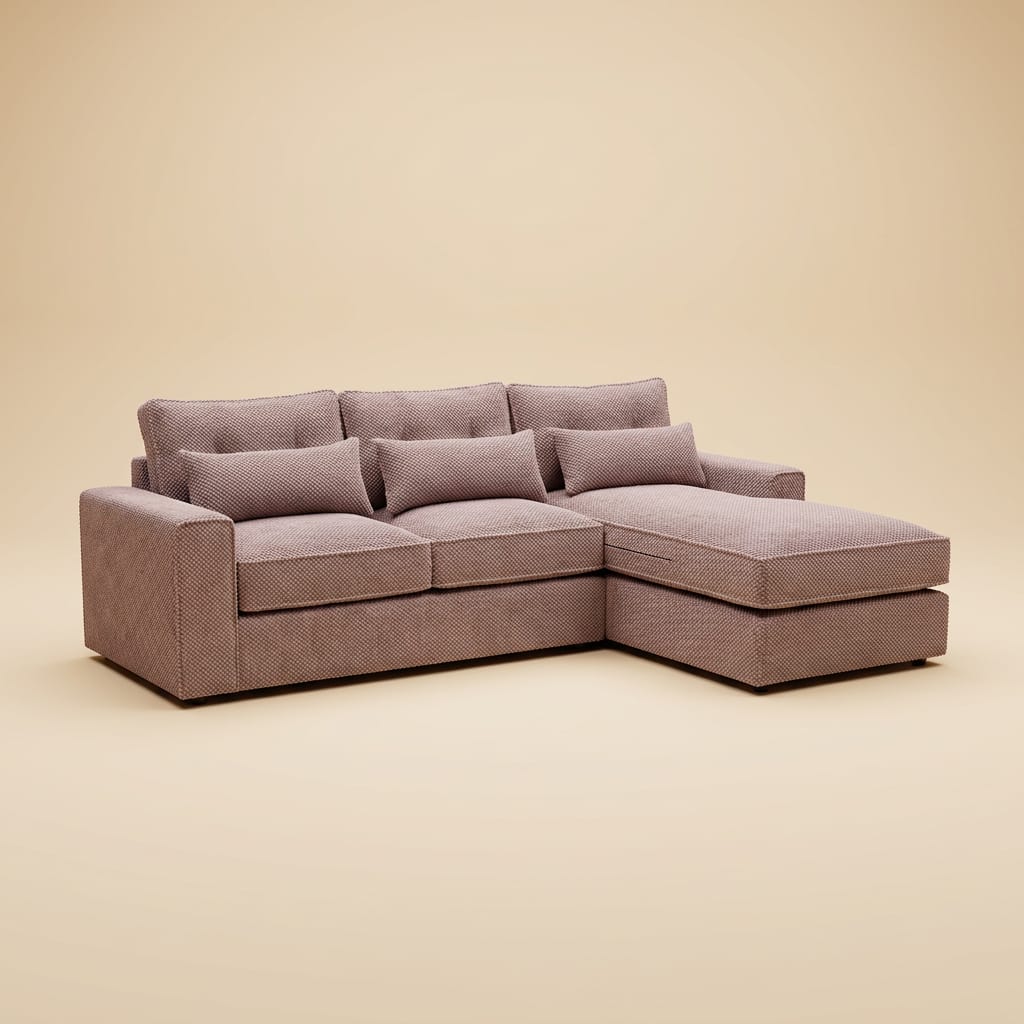 Mauve textured L-shaped sectional with chaise on warm beige backdrop