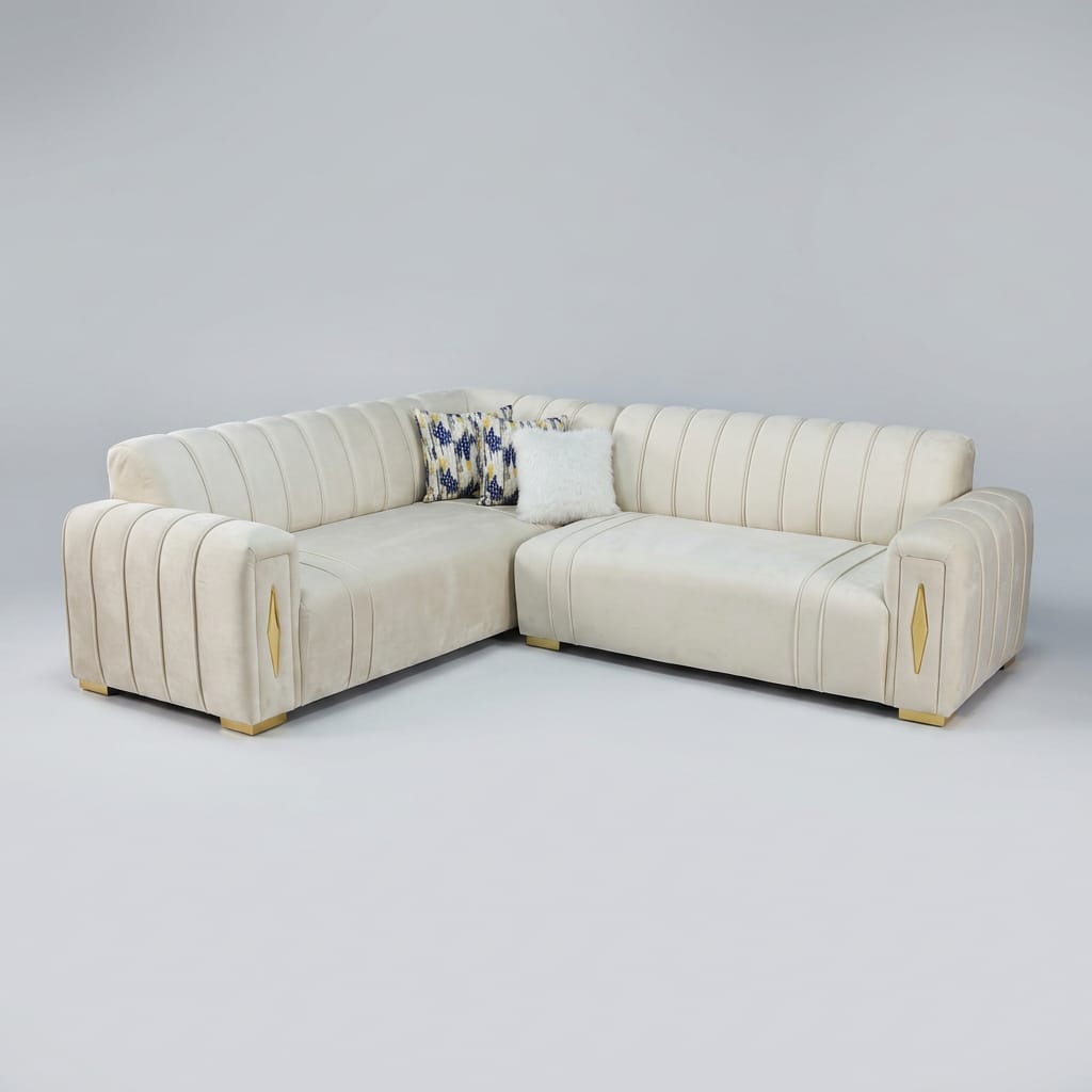 Pearl cream channel velvet L-shape sectional with gold diamond hardware accents