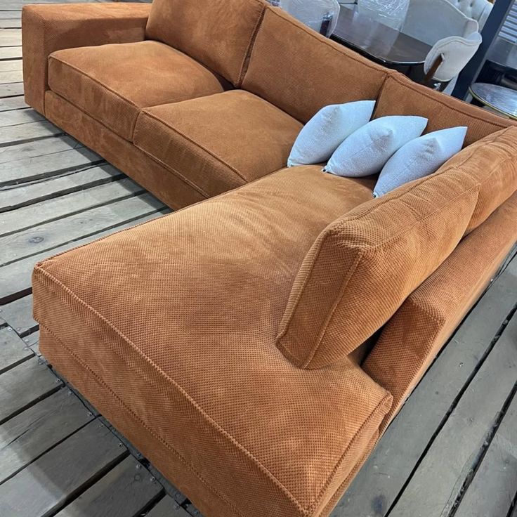 Cognac corduroy modular bubble sectional with deep seat and grey scatter cushions